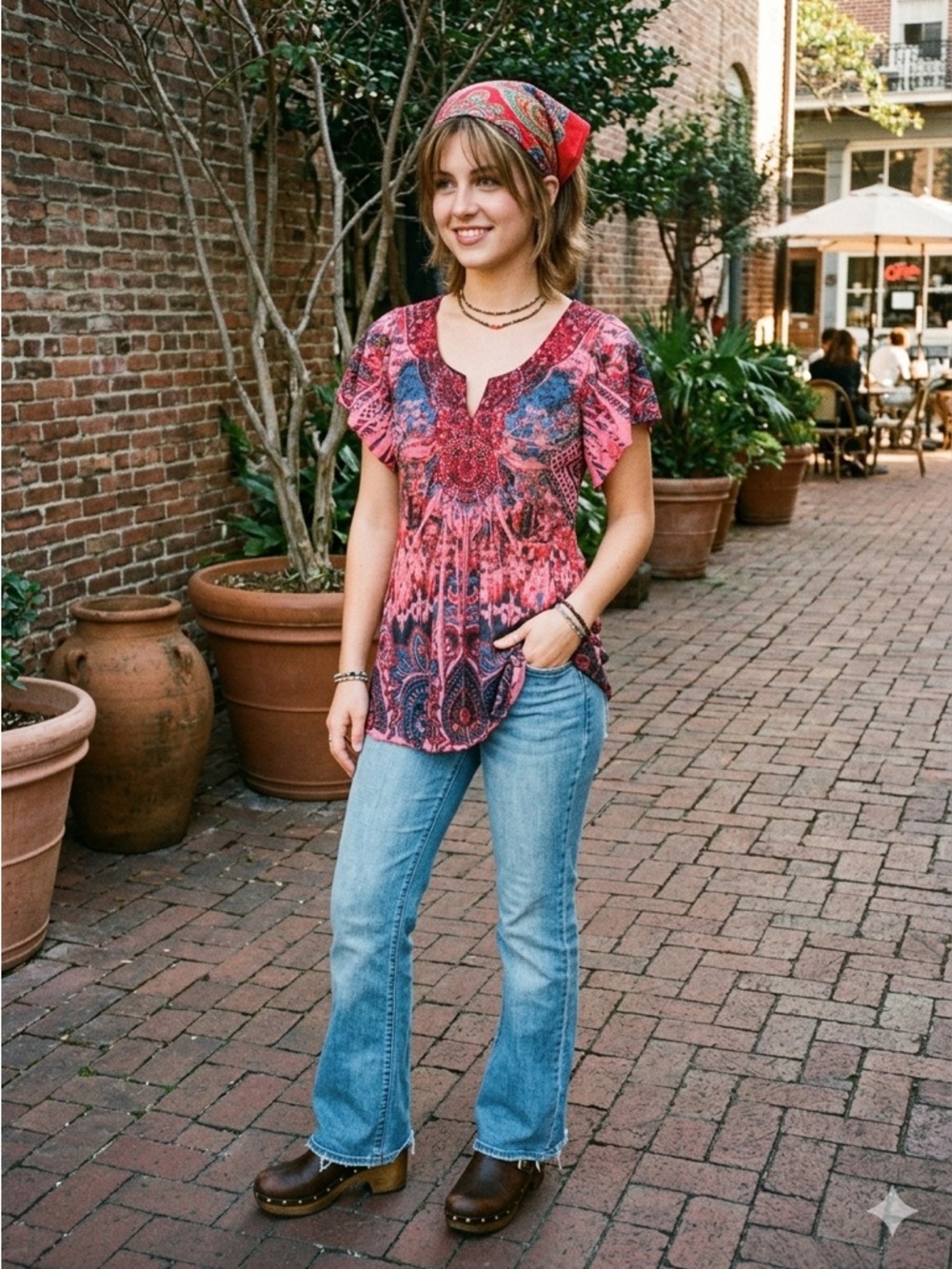 Covington Y2K 90s Boho Embellished Short Sleeve Blouse Small